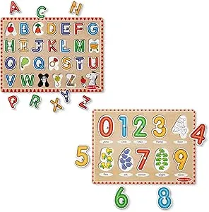 Melissa & Doug Wooden Lift & See Peg Puzzle Early Learning 2 Pack for Girls and Boys – Alphabet, Numbers