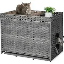 Cat Litter Box Enclosure with Soft Litter Mat; Hidden Washroom Furniture with Door; Handwoven Rattan Cat House with Large Space; Pet Crate for Living Room, Bedroom, Balcony (Grey)