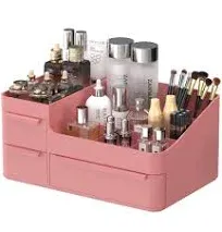 Vanity Makeup Organizer, Desk Organizer with Drawers, Compact Rectangular Pink