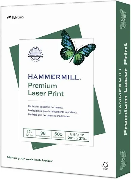 Hammermill Premium Laser Print Paper, 98 Bright, 24lb, 8.5 x 11, White, 500/Ream