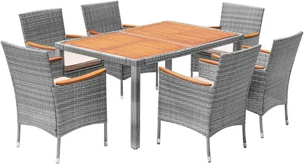 Devoko 7 Pieces Patio Dining Sets Outdoor Furniture with Acacia Wood Table and Adjustable Feet with Wicker Rattan Chairs (Brown)