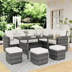 AECOJOY Patio Furniture Set, 7 Pieces Outdoor Patio Furniture with Dining Table&Chair, All Weather Wicker Conversation Set with Ottoman,Grey