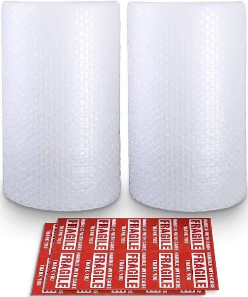 2-Pack Bubble Cushioning Wrap Rolls 3/16" x 12" x 72' ft Total Perforated Every 12" 20 Fragile Stickers for Packaging Shipping Mailing