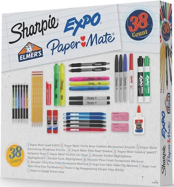 School Supplies Kit, Highlighters, Mechanical Pencils, Glue Sticks, Erasers, Permanent Markers, Gel Pens, Pencils, School Glue and more from Sharpie, Elmer’s, Paper Mate, & Expo, 38 pieces