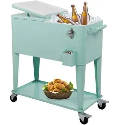 VINGLI 80 Qt. Rolling Cart on Wheels, Blue Patio Cooler for Party, Steel Ice Chest with Shelf, Bottle Opener, Water Pipe HDG58000142