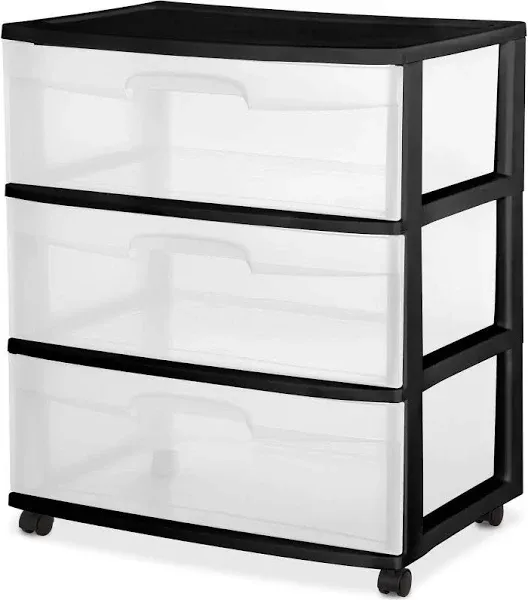 Sterilite 3 Drawer Wide Cart, Black