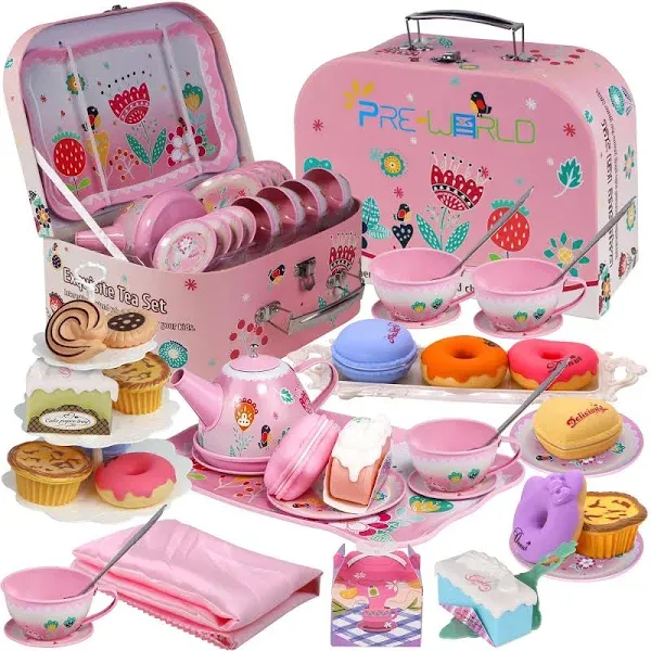 Tea Party Set for Little Girls,PRE-WORLD Princess Tea Time Toy Including Dessert,Cookies,Doughnut,Teapot Tray Cake, Tablecloth & Carrying Case,Kids Kitchen Pretend Play for Girls Boys Age 3-6