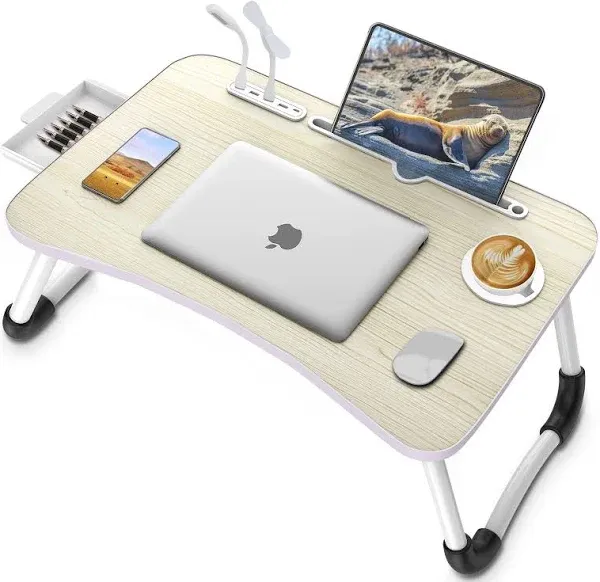 Zapuno Laptop Lap Desk, Foldable Laptop Table Tray With 4 Usb Ports Storage Drawer And Cup Holder