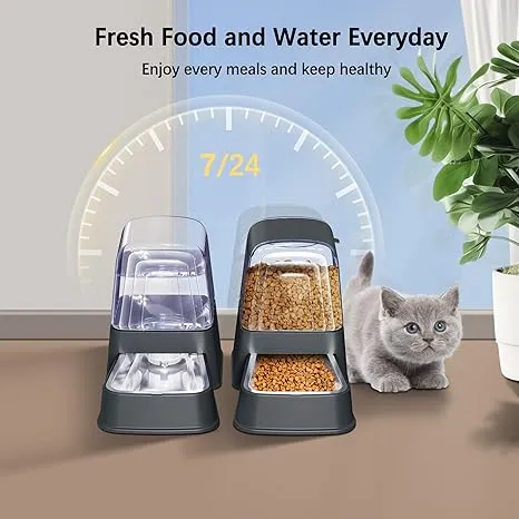 Automatic Dog and Cat Food Feeder and Water Dispenser Set with Stainless Steel Bowls,Gravity Pet Food and Water Feeders,100% BPA-Free,Large Capacity for Cats Dogs Pets… (5L Dark Gray)