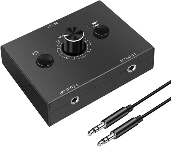 Laboen 3.5mm Audio Switcher, 2 Input 1 Output / 1 Input 2 Output Audio Splitter Switcher, Audio Switcher Box, One-Key Mute Button, No External Power