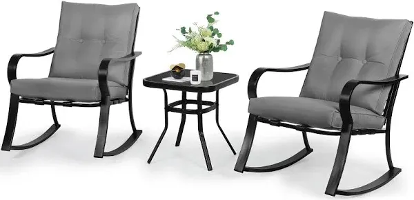 Oakmont Outdoor Furniture 3 Piece Bistro Set Rocking Chairs and Glass Top Table, Thick Cushions, Black Steel