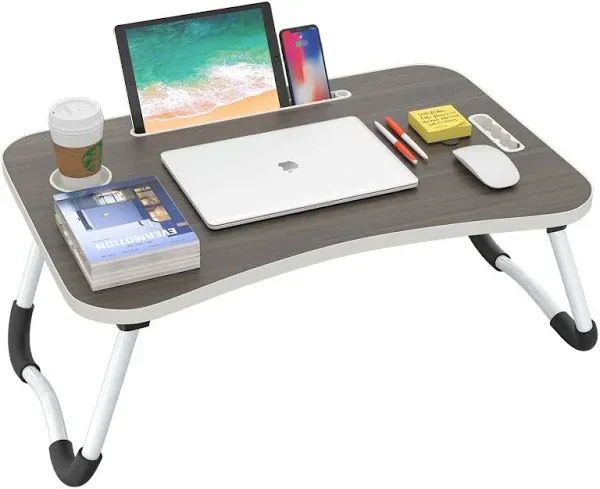 BUYIFY Folding Lap Desk 23.6 Inch Portable Wood Laptop Bed Desk Lap Desk with Cup Holder