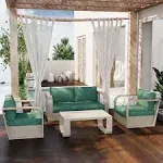 EAST OAK Signature 4 Pieces Patio Furniture Set, Aluminum Outdoor Furniture with Teak Wood Armrest, Sofa and Coffee Table Patio Set, Modern Patio Conversation Set for Porch, Champagne Gold &amp; Green