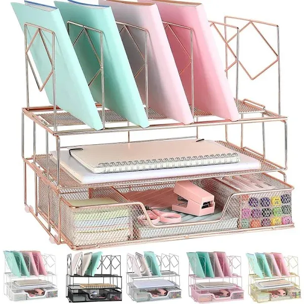 gianotter Desk Organizers and Accessories, Office Supplies Desk Organizer with Sliding Drawer, Double Tray and 5 Upright Section ​File Sorter