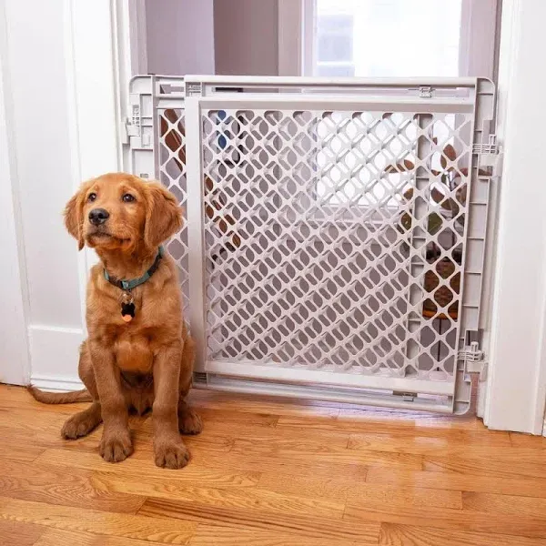 North States MyPet 2-in-1 Easy Swing Petgate: 27"-41" Wide Dog Gate. Safety Latch, Hardware Mount. Pet Gates for Doorways & Stairways. Made in USA. 27" Tall, Light Gray