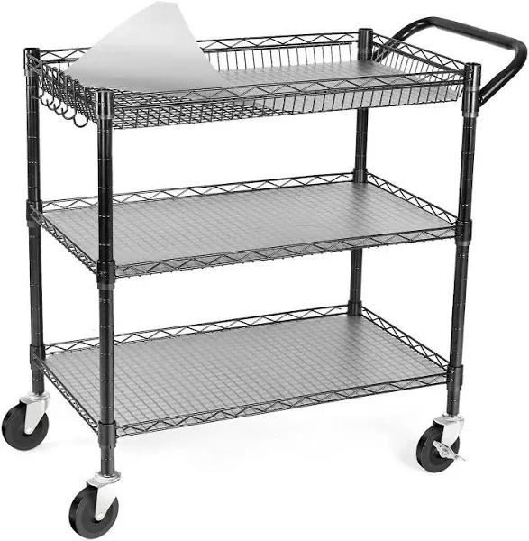 WDT 990Lbs Capacity Heavy Duty Rolling Utility Cart, NSF Rolling Carts with Wheels,Commercial Grade Metal Cart with Handle Bar & Shelf Liner,Trolley Serving Cart for Restaurant,Kitchen,Gray