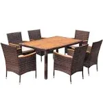 Devoko Dining 7 Pcs Furniture, Patio Conversation Set with Acacia Wood Table Top, Outdoor, Beige Cushion and Brown Rattan