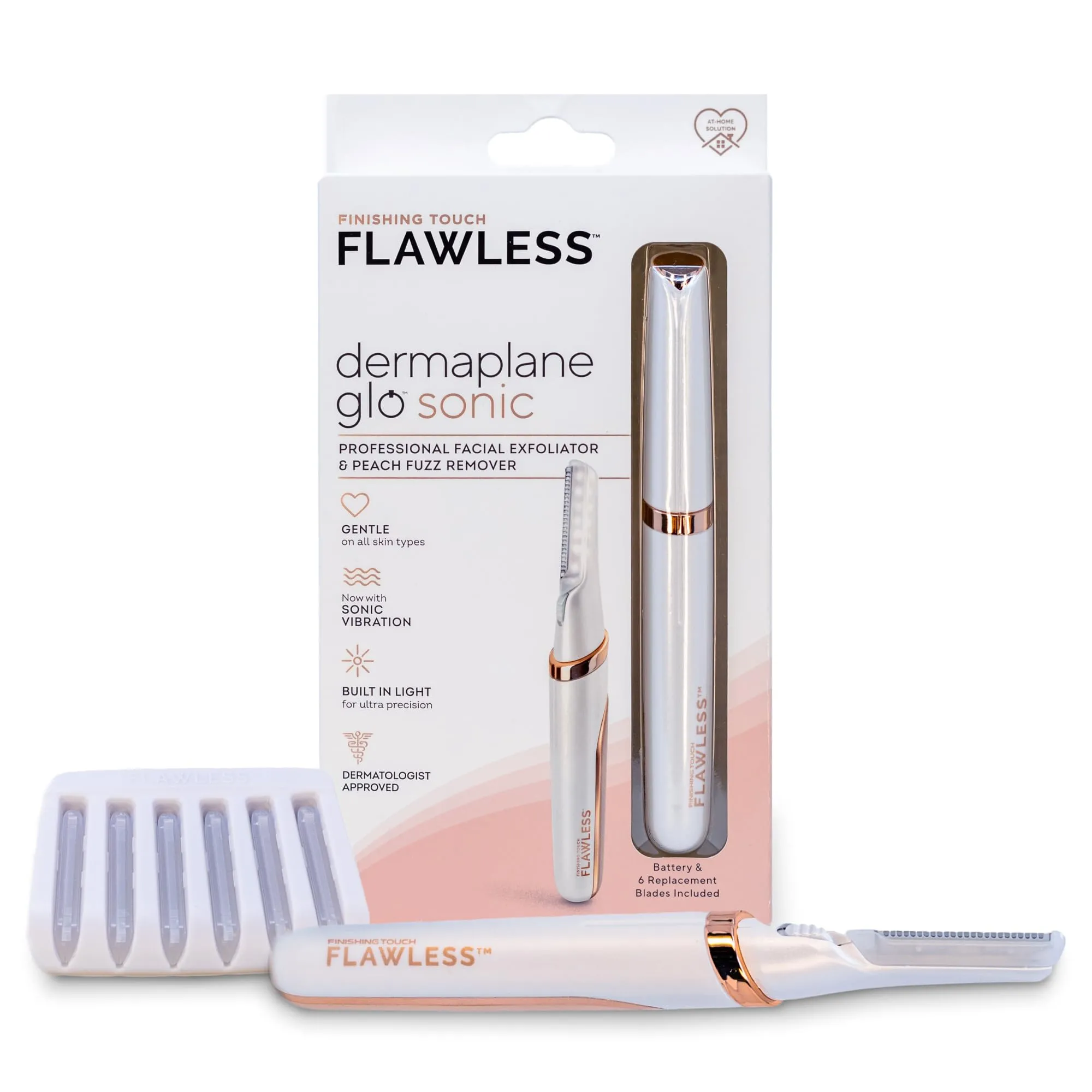 Finishing Touch Flawless Dermaplane Glo Sonic Lighted Facial Exfoliator Hair Rem