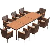 Flamaker 9 Piece Patio Dining Set Outdoor Acacia Wood Table and Chairs with Soft Cushions Wicker Patio Furniture for Deck, Backyard, Garden (Brown)