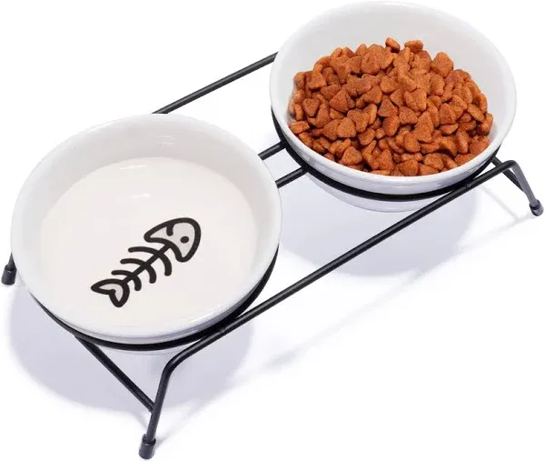 Cat Bowls, Upgraded 13 oz Ceramic Elevated Cat Food Bowls for Food and Water, Raised 2 Cat Dishes with Stainless Steel Stand Non-Slip and Anti-Rust, for Indoor Cats and Small Dog Bowl, Dishwasher Safe