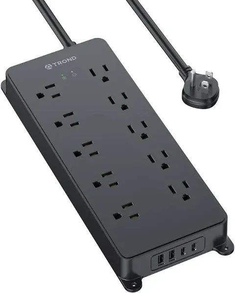 TROND Power Strip Surge Protector, Flat Plug 15ft Long Extension Cord, 10 Widely Spaced AC Outlets, 2 USB A & 2 USB C Ports, 4000J, ETL Listed, Wall Mountable, for Home Office Entertainment, Black