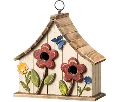 Glitzhome 10.75" L Distressed Solid Wood Birdhouse with 3D Flowers Rustic Two-Story Townhouse Hand-Painted Bird Houses for Garden Outdoors,Washed Yellow