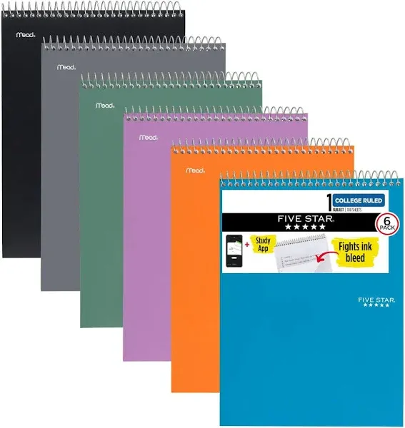 Top Bound Spiral Notebook + Study App, 6 Pack, 1 Subject, College Ruled Paper...