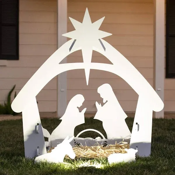 WILLED 4FT Outdoor Nativity Scene Christmas Decoration, White PVC Weather-Resistant Holy Family Yard Decor, Easy Setup with Stakes, Durable Christmas Scene for Garden, Christmas Outdoor Decoration