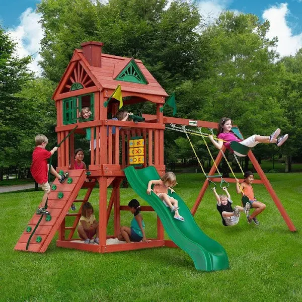 Gorilla Playsets Nantucket II Wooden Swing Set with 2 Belt Swing, Trapeze Bar, and Working Shudders