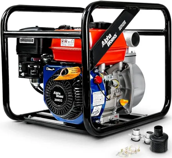 Water Transfer Pump Portable 7HP 196cc 4-Stroke Gas Engine EPA Certified 2" Inch Intake 132GPM Flow Rate 23FT Suction 92FT Lift 1/2" Passable Solids