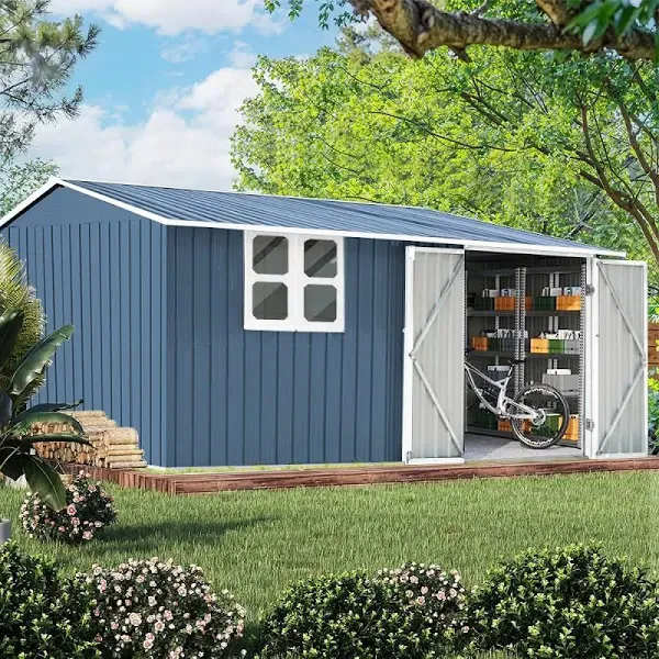 UBGO Extra Large Sheds 10ftx12ft,Outdoor Storage Sheds with Window,Tiny House,Metal Storage Shed with Design of Lockable Doors,Utility and Tool Storage for Garden,Backyard,Patio,Outside,Blue