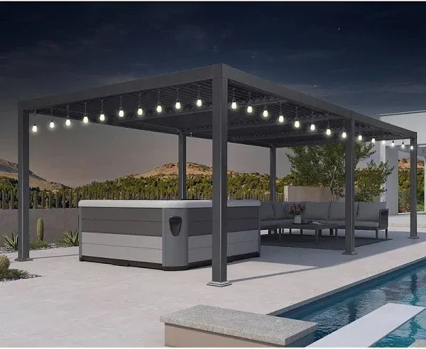 PURPLE LEAF Louvered Pergola with String Lights 9' x 12' Patio Aluminum Pergola with Independent Adjustable Rainproof Roof Hardtop Pergola for Outdoor Deck Garden Yard