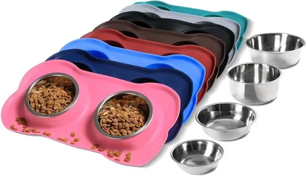 Pet Dog Bowls 2 Stainless Steel Dog Bowl with No Spill Non-Skid Silicone Mat + P