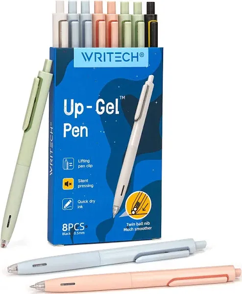 WRITECH Gel Pens Fine Point: 0.5mm No Smear & Smudge Black Ink Pen Click for Journaling Sketching Drawing Notetaking Retractable Extra Finepoint Smooth Writing Silent Pen Set Non Bleed 8ct Up-Gel