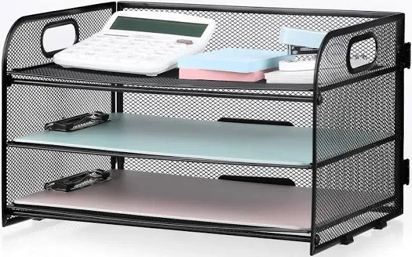 3-Tier Letter Tray Paper Organizer with Handle, Compact Mesh Desk File Organizer for Home Office Supplies Desktop Accessories,Black