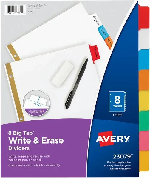 Avery 23079 Write &amp; Erase Big Tab Paper Dividers, 8-Tab, Multicolor, Letter