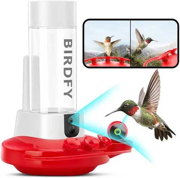 Birdfy - Hummingbird Feeder for Outdoors Hanging Ant Proof, with Dual Cameras, Solar Power&AI Enabled Bird Recognition - Red and White