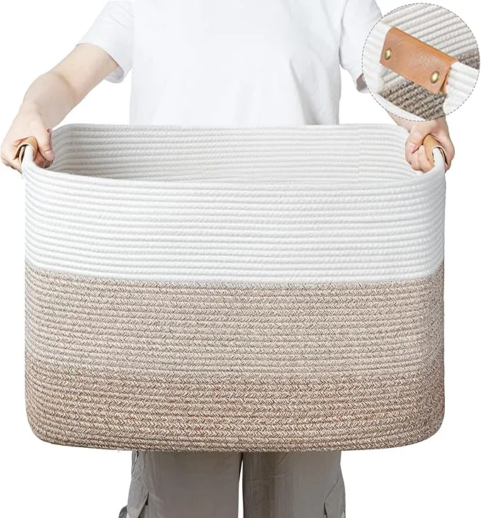 danpinera Rectangle Blanket Storage Basket, Large Blanket Basket Living Room, Nursery Basket for Toys,Large Woven Basket for Toy Organizing & Laundry, 18.11’’*14.17’’*11.81’’, 50L, Gradient Brown