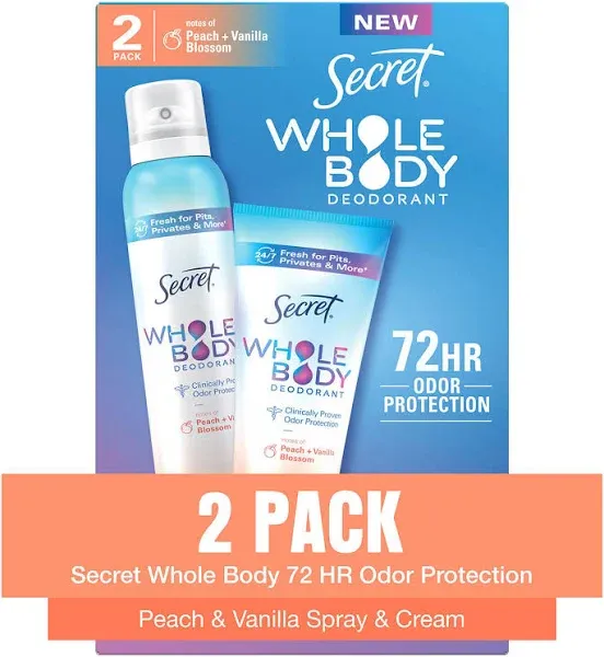 Secret Whole Body Deodorant for Women, Spray + Cream, Peach & Vanilla Blossom