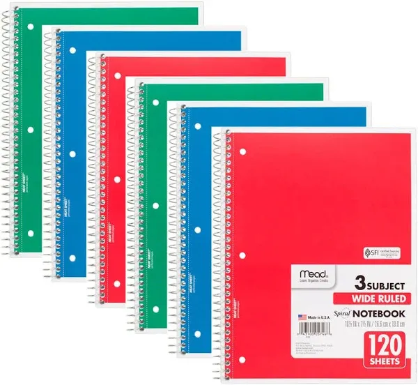 Mead Spiral Notebook Wide Ruled 3 Subject 120 Sheets 10.5" x 8" Assorted Colors 6