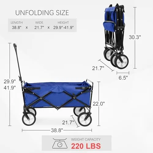 Garden Cart Folding Wagon Garden Cart Collapsible Wagon with Adjustable Handle &360°Universal Wheels for Garden Camping Shopping Beach (Blue)