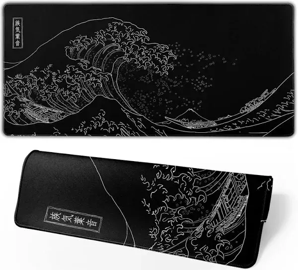 Japanese Gaming Mouse Pad Black Mouse Pad Kanagawa Large Mousepad Non-Slip Rubber Base Waterproof with Stitched Edges for Gaming Office Home, 31.5x11.8 Inch (Black Wave)