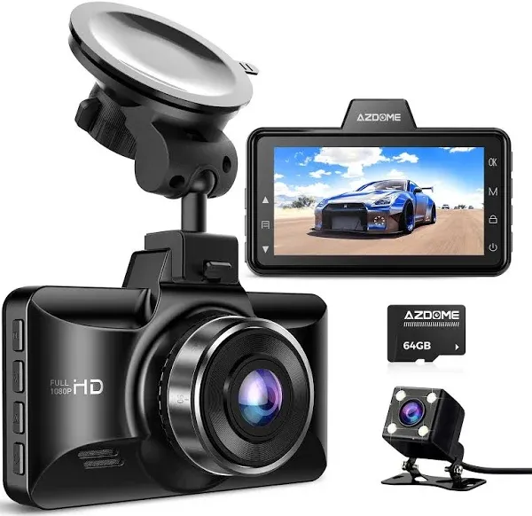 AZDOME Dual Dash Cam Front and Rear, 3 inch 2.5D IPS Screen Free 64GB Card Car Driving Recorder, 1080P FHD Dashboard Camera, Waterproof Backup Camera Night Vision, Park Monitor, G-Sensor, for Car Taxi