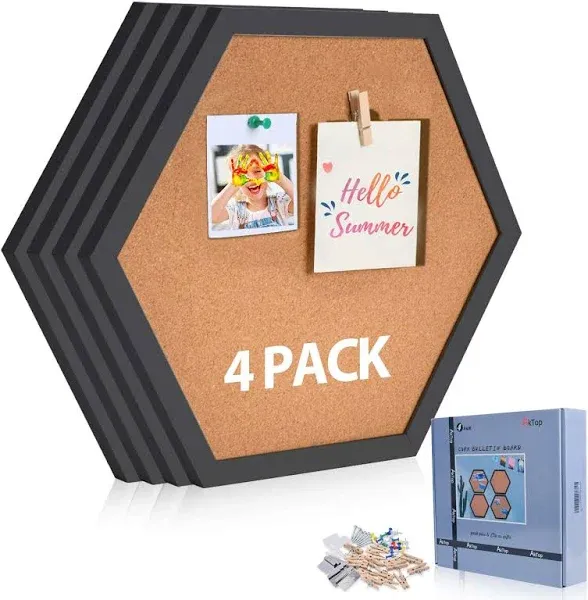 AkTop Cork Bulletin Board Hexagon 4 Pack, Small Framed Corkboard Tiles for Wall, Thick Decorative Display Boards for Home Office Decor, School Message Board with 16 Push Pin Wood Clips, White