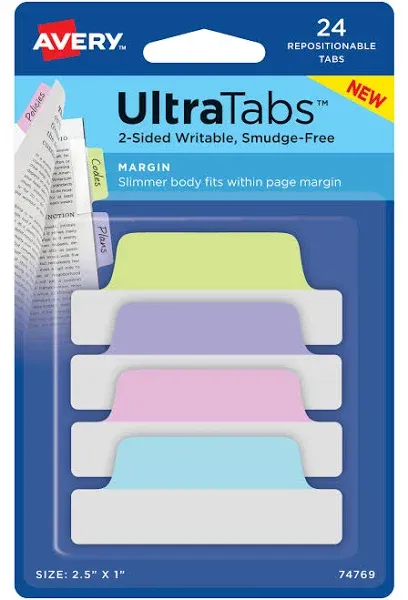 Avery® Ultra Tabs Repositionable Tabs, Margin Tabs: 2.5" x 1", 1/5-Cut, Assorted Pastel Colors, 48/Pack (AVE74867)