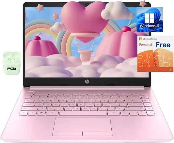 HP Stream Laptop, 14 inch HD Screen, Intel Celeron N4020 Processor, 16GB RAM, 64GB eMMC, Windows 11, 1-Year Office 365, HDMI, Wi-Fi, USB-C, Webcam, Pink, PCM