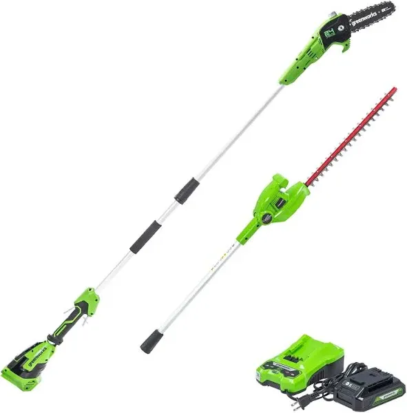 Greenworks 24V 8 inch Pole Saw /20 inch Pole Hedge Trimmer Combo Tools Only Used