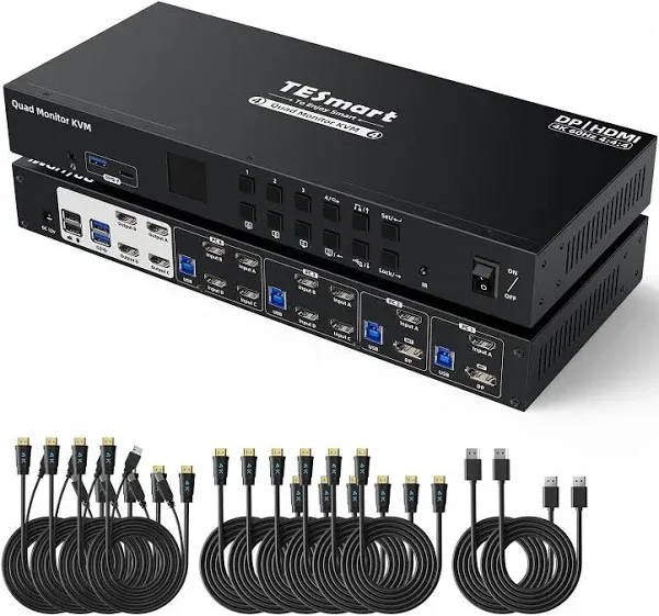 Tesmart Quad Monitor Mst Kvm Switch Docking Station Kit With 4k60hz Edid Emulator For 4 Pcs 4x4 Hdmi Dp Kvm Switcher - Buy 3840*2160@60hz Input 4 Output 4 Dp Kvm Switch Pass Through
front Panel Button Keyboard Hotkeys Ir Remote Dp Kvm Switch
quad Monit