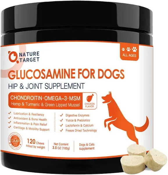 Glucosamine for Dogs, Joint Supplement for Dogs, Chondroitin, MSM, Hemp, Turmeric, Omega 3 for Pain Relief & Skin Health, Dog Hip and Joint Supplement with Calcium Support Bones Health - 120 Chews