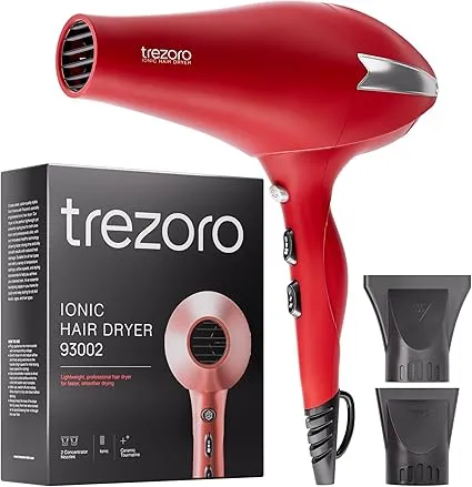 Hair Dryer, Professional Ionic Blow Dryer, Salon 2200 watt Ceramic Tourmaline Quiet Hairdryer with 2 Concentrator Nozzle Attachments - Best Soft Touch Body/Secret red